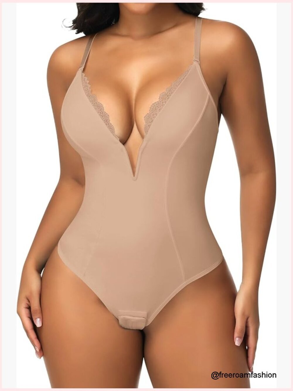 Deep V Neck Tummy Control Bodysuit Shapewear Thong Cami